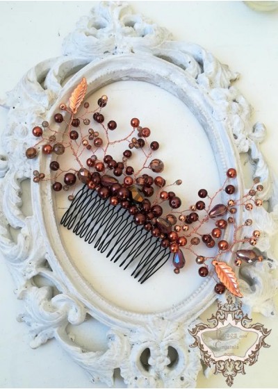 Дизайнерски гребен - украса за коса за абитуриентка в цвят мед и розово злато Caramel Kiss